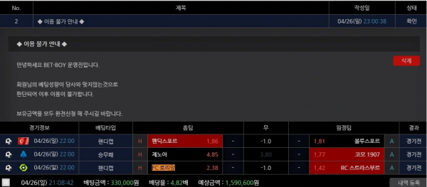 벳보이 'boy-123.com' 동일한 시간 스포츠 경기 3 폴더 당첨됐는데 당첨금 전액 먹튀